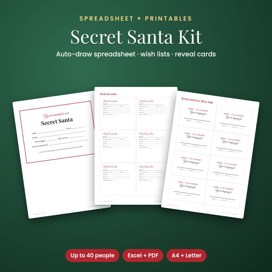 Secret Santa Organizer Kit | Auto-Draw Sheet + Printable Cards