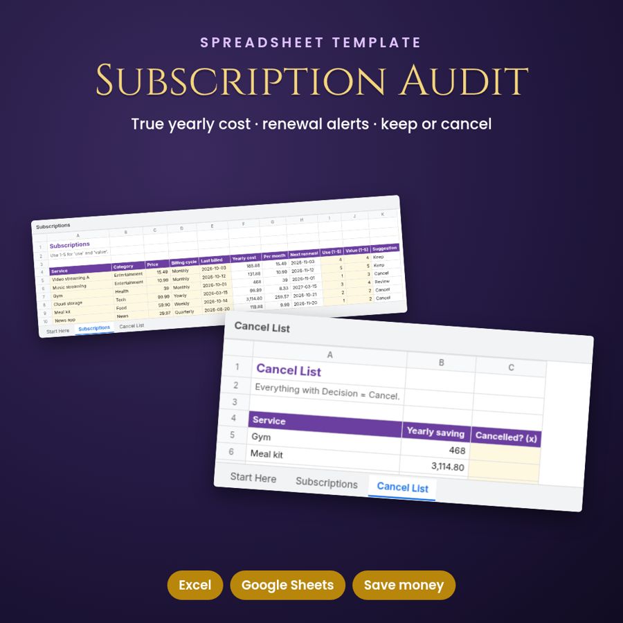 Subscription Audit & Cancel Planner Spreadsheet: Find and Cut