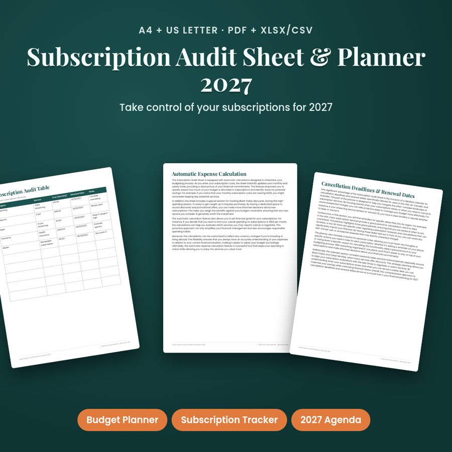 Subscription Audit Sheet & Planner 2027 | PDF + Excel Spreadsheet