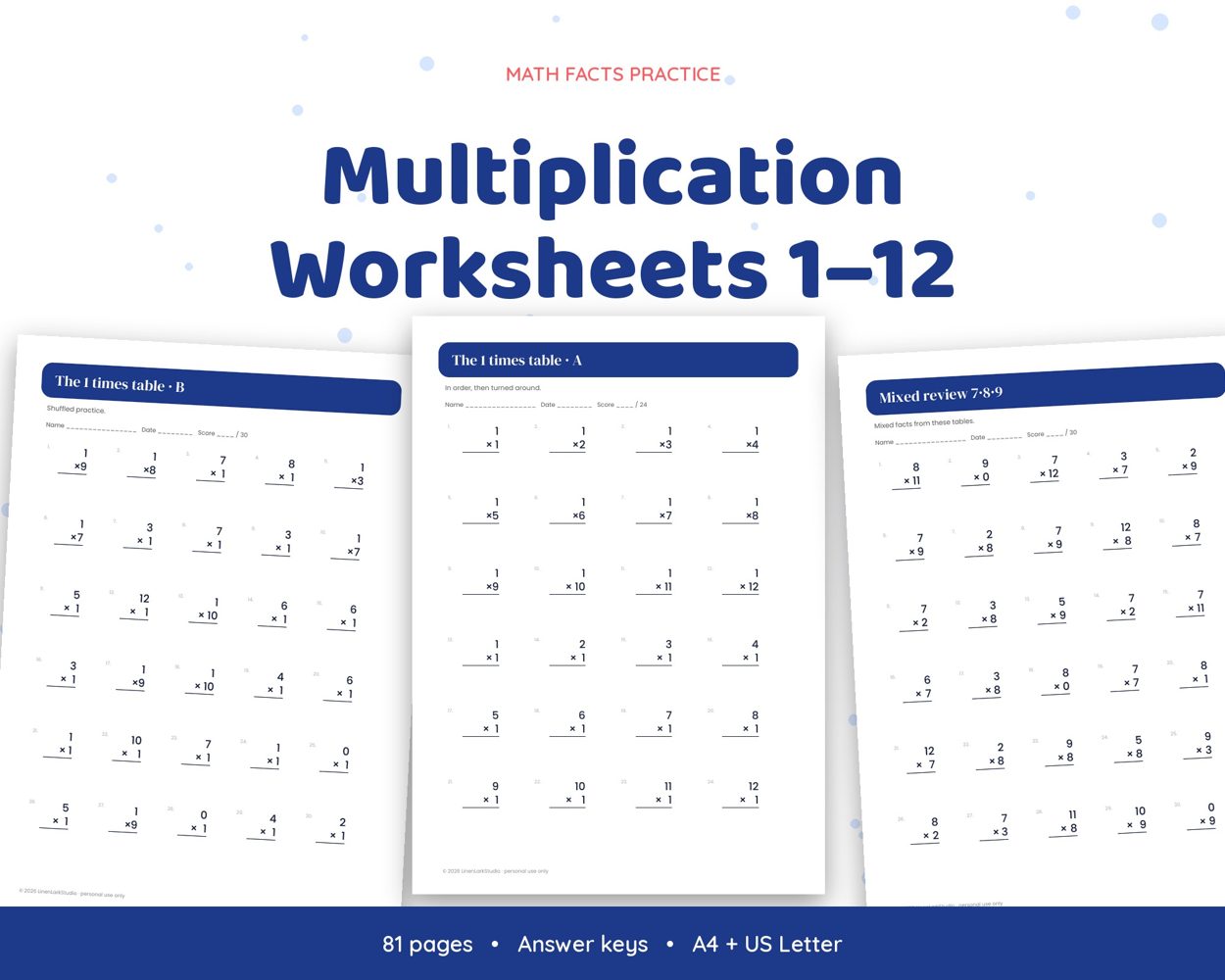 Multiplication Worksheets 1–12 – cover