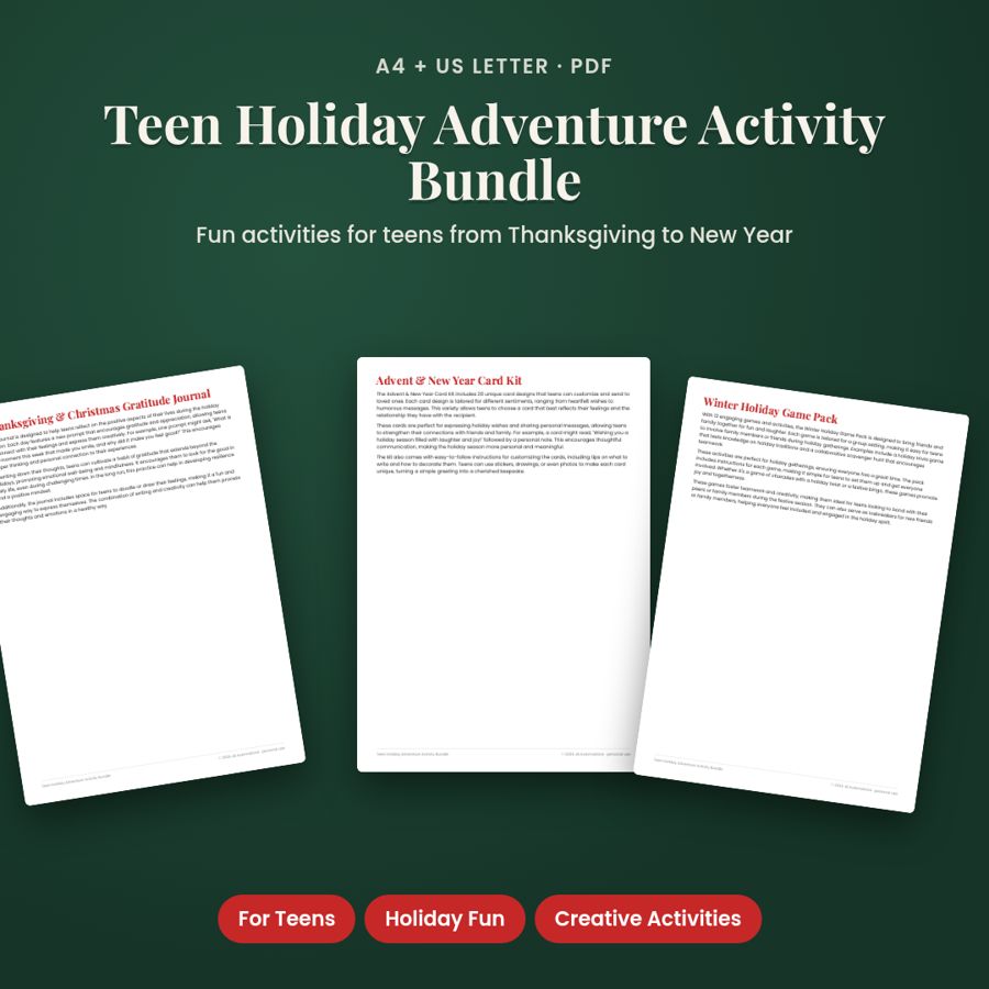 Teen Holiday Adventure Activity Bundle | Printable PDF, A4 + US Letter