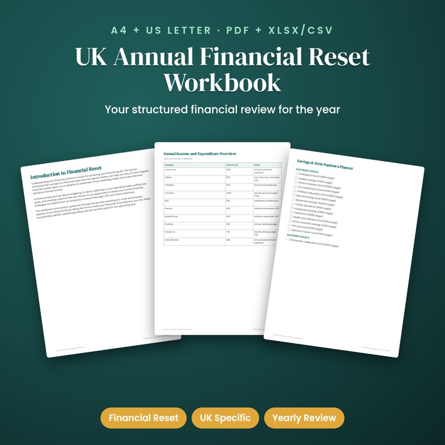 UK Annual Financial Reset Workbook | Printable PDF + Excel Template