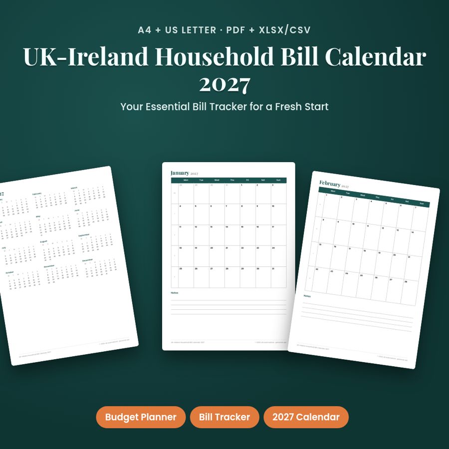 UK-Ireland Household Bill Calendar 2027 | PDF + Excel Spreadsheet